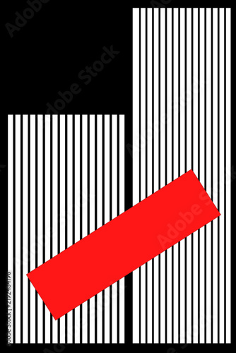 Obraz na plátně Modern geometric artwork featuring a stark contrast of clean black and white vertical striped patterns disrupted by a solid bright red diagonal shape
