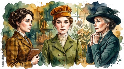 Three Victorian women in period fashion watercolor historical portrait