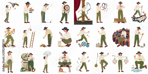 Canvas Print A collection of illustrations showing characters in explorer outfits engaged in various historical research, archaeological excavation, and museum curation tasks
