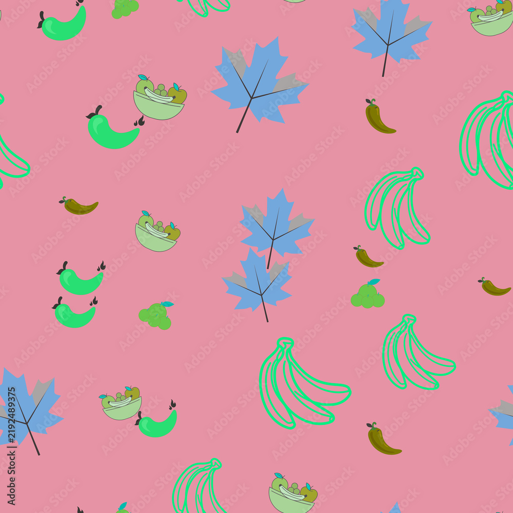 Obraz premium Seamless pattern of fruits and blue maple leaves