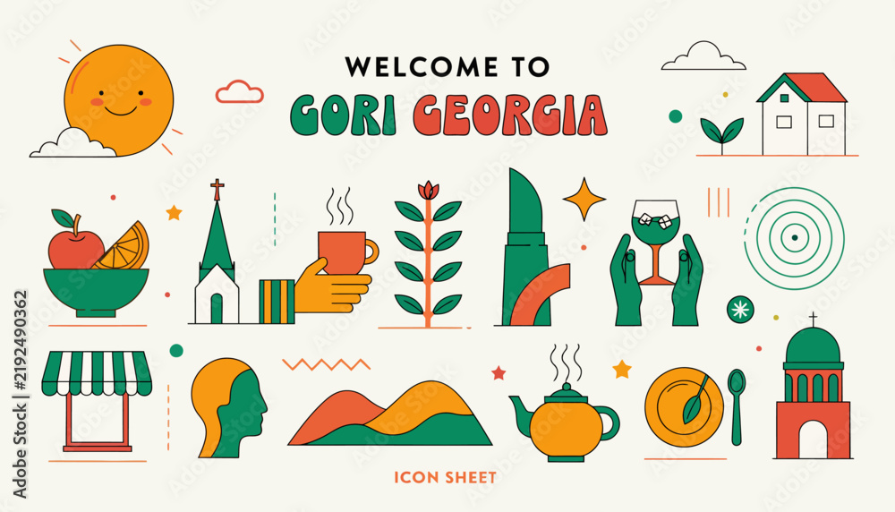 Fototapeta premium Welcome to Gori Georgia, icon set with tourism symbols