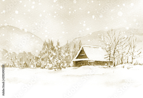 セピア色の雪降る民家のイラスト