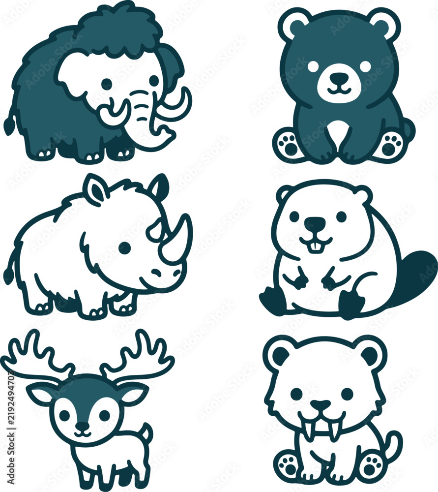 Obraz premium Ice Age Megafauna Mammoth Woolly Rhino and Giant Deer Flat Vector Icon Set 