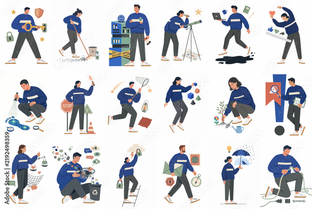 Fototapeta premium Collection of flat vector illustrations representing various business concepts and productivity tasks performed by professional characters in a modern corporate environment.