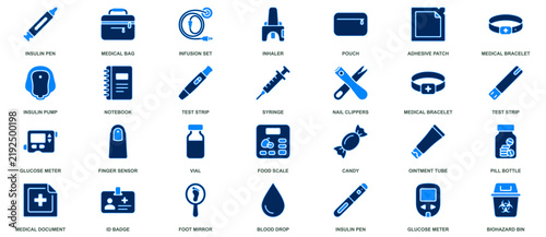 Diabetes care and general medical monitoring equipment blue icons pack.