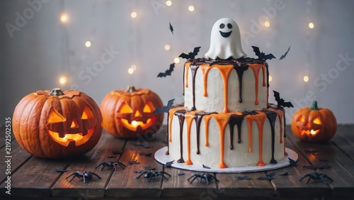 Two tier halloween cake with ghost topper and chocolate drip next to glowing carved jack o lanterns.