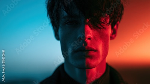 Mans face split by dramatic red and blue neon light with transparent background