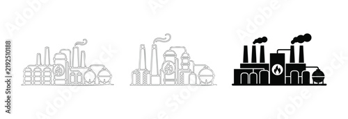 Set of three industrial refinery plant icons featuring line art and solid black silhouettes of factory buildings with smokestacks and storage tanks