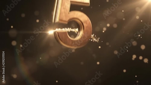 Abstract golden 3D numbers counting down with flying confetti particles for celebration