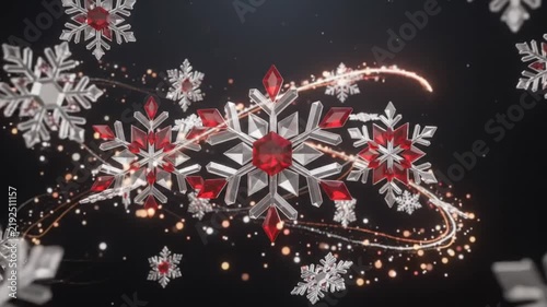 Elegant 3D geometric snowflakes spinning with sparkling magical light trails for winter holiday