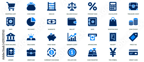 Set of blue and black finance and money icons for banking and economic illustrations.