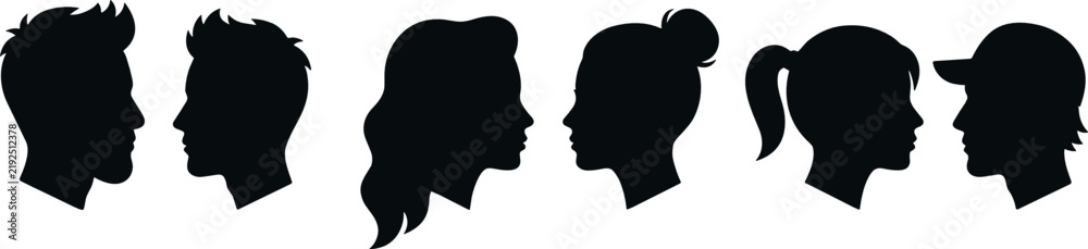 Fototapeta premium Male and female side profile head silhouette set for user avatars and communication concept vector