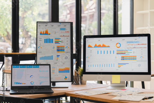 Multiple computer screens displaying financial data dashboards on an office desk