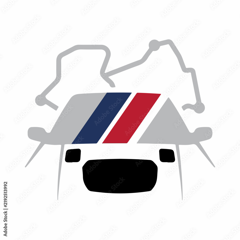 Obraz premium Racing car hood with blue red and white stripes.