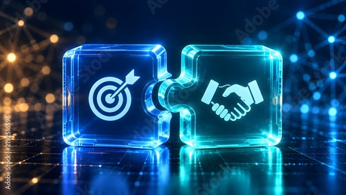 Strategic digital partnership concept featuring glowing puzzle pieces connecting a business target and handshake icon in futuristic cyberspace