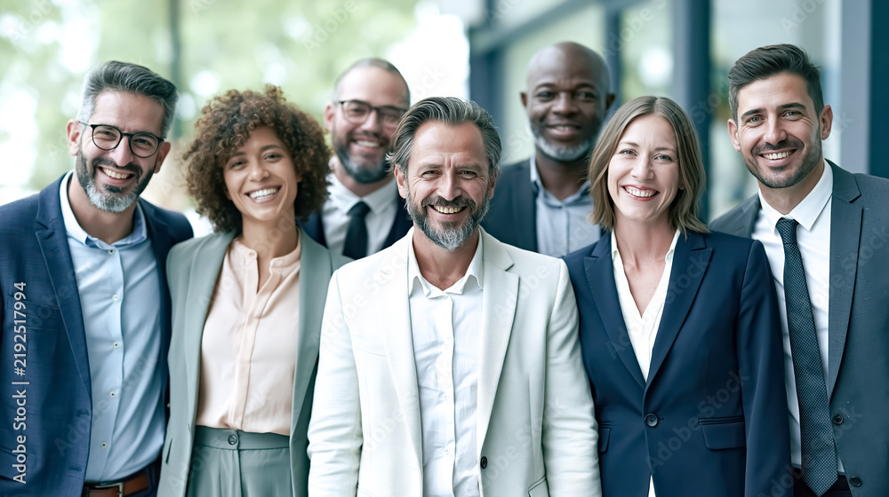 Fototapeta premium A group of business professionals smiles for a photo in a modern office setting while standing together to showcase teamwork, unity, and corporate achievement.