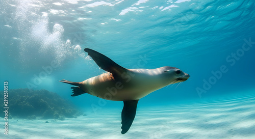 A cute sea lion swimming underwater in the blue ocean