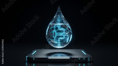 Futuristic clear water drop containing glowing circuit pipes hovering above platform representing smart water management and purification technology