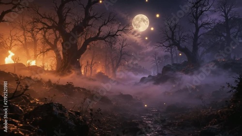 Misty Dark Forest at Night with Full Moon