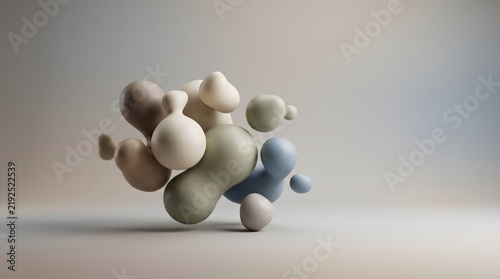 Abstract 3D organic shapes and matte spheres in neutral earth tones floating in a minimalist studio background