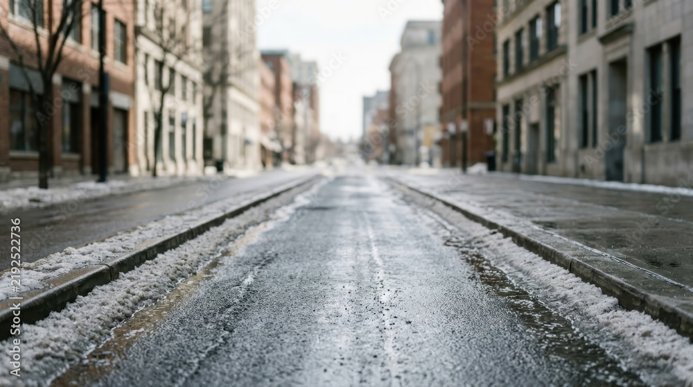 Fototapeta premium Empty city street with melting snow on the curbs between historic urban architecture buildings