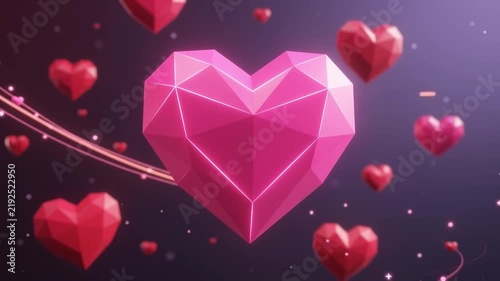 Floating glossy red and pink geometric hearts on a dark background for Valentine day