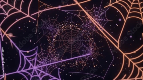 Neon spiderwebs swirling in continuous loop with magical glowing particles for Halloween