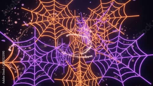 Glowing neon spiderwebs swirling with spooky purple and orange lights for Halloween