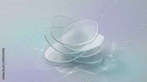 Abstract stack of clear oval glass shapes on a pastel gradient background with subtle light reflections.
