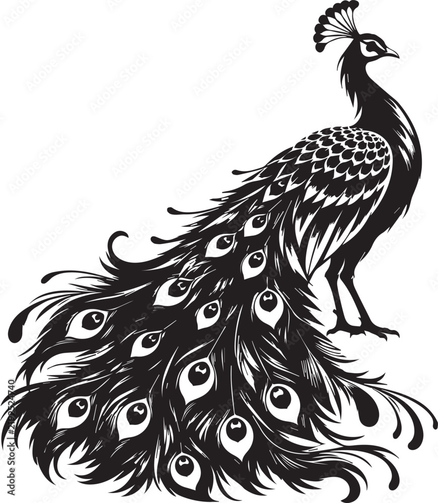 Obraz premium Peacock bird vector silhouette, feathers isolated white background