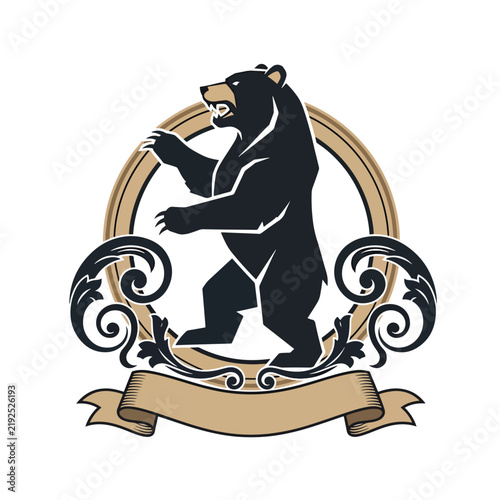Black bear standing in ornate emblem design.