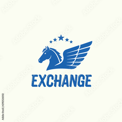 Blue Winged Horse Logo with Stars and Exchange Text.