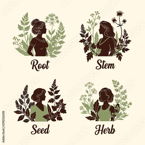 Botanical illustration of woman with plants and herbs.