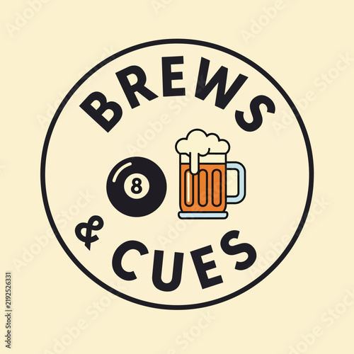 Brews and Cues Logo with Beer and Billiards Icons.