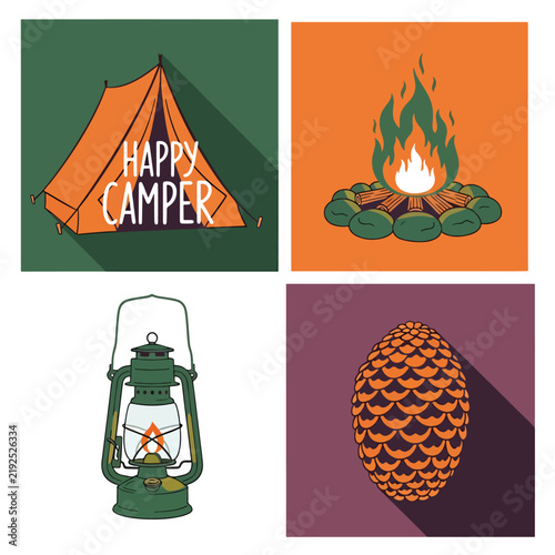 Camping Adventure Icons Set with Tent Fire Lantern Pinecone.