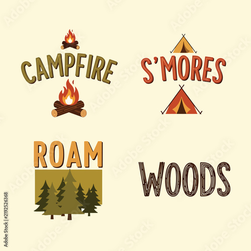 Camping themed illustrations with campfire and tent.