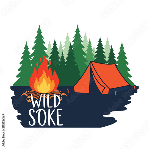 Camping Scene with Tent and Campfire in Forest.