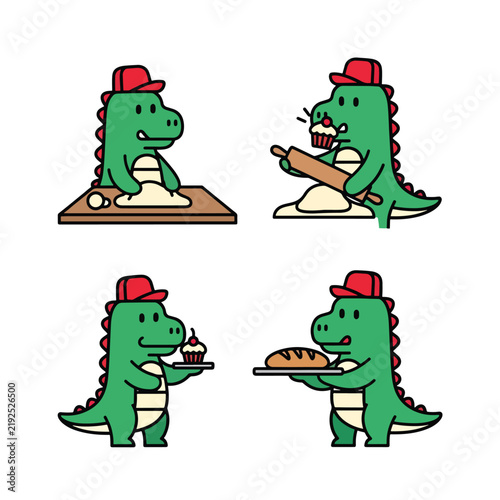 Cartoon Dinosaur Chef Cooking and Serving Food.