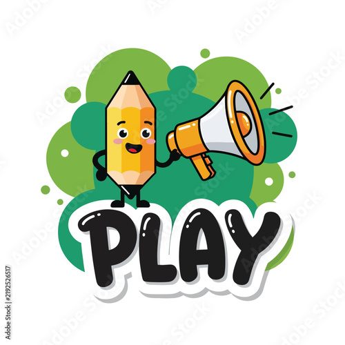 Cartoon Pencil Character Holding Megaphone for Play Concept.