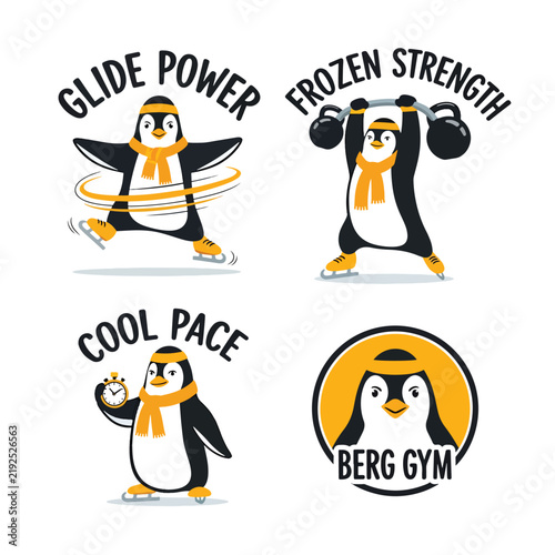 Cartoon Penguin Characters in Athletic and Gym Poses.