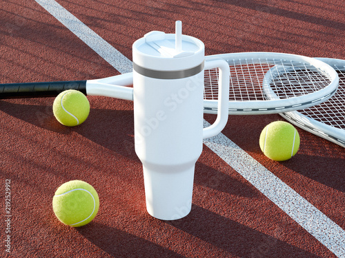 White tumbler with straw mockup with tennis racket and balls on clay court