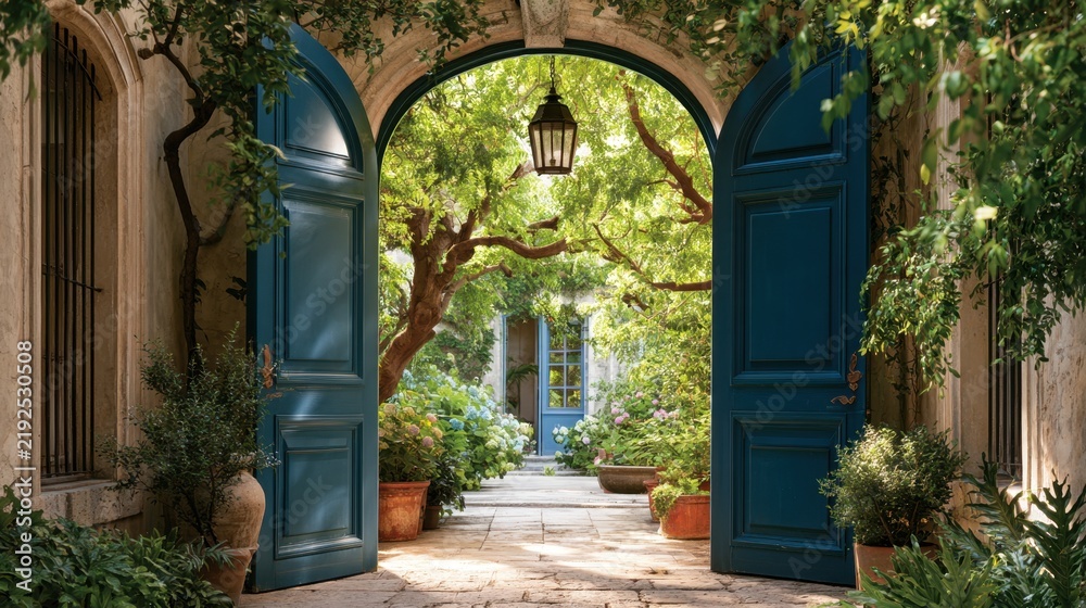 Fototapeta premium Beautiful open blue wooden door entranceway leading to lush green garden patio with flowering plants and stone pathway under warm natural light