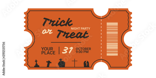 Retro Trick or Treat Halloween ticket with cemetery silhouettes, night party details, date, time, admission details and barcode. Vintage midcentury holiday entry template. Vector illustration