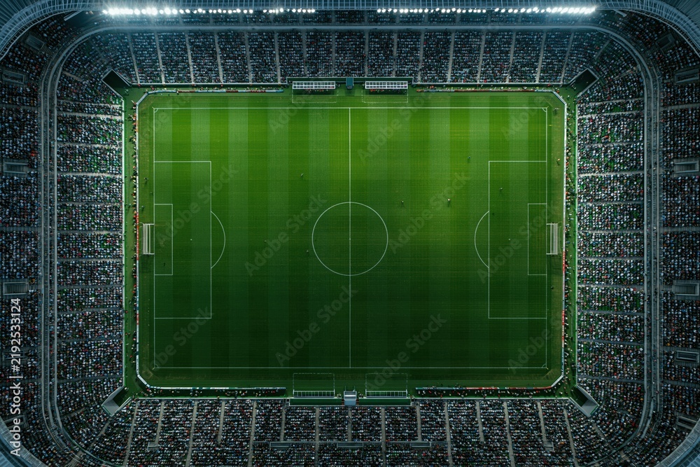 Fototapeta premium Aerial view of a packed football stadium with