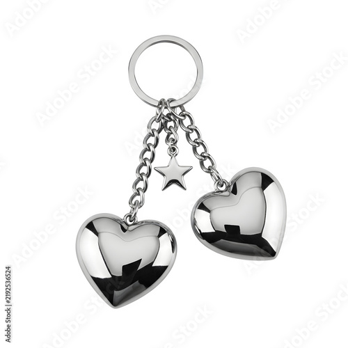 Two silver heart-shaped keychain charms with chain