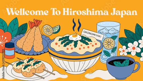 Welcome To Hiroshima, Japan! Delicious Japanese Food Illustration: Okonomiyaki, Tempura, Takoyaki, Green Tea