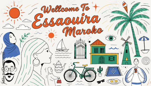 Welcome to Essaouira, Morocco Vector Illustration - Travel Scene with Landmarks and People