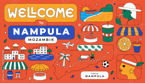 Welcome to Nampula, Mozambique: Vibrant Illustration with Tropical Beach, Cityscape, and African Map Elements