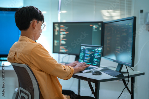 Software Developer Coding At Multi Monitor Workstation.