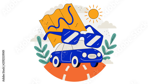 Road trip travel concept: car with sunglasses and map, sunny day, summer vacation, adventure
